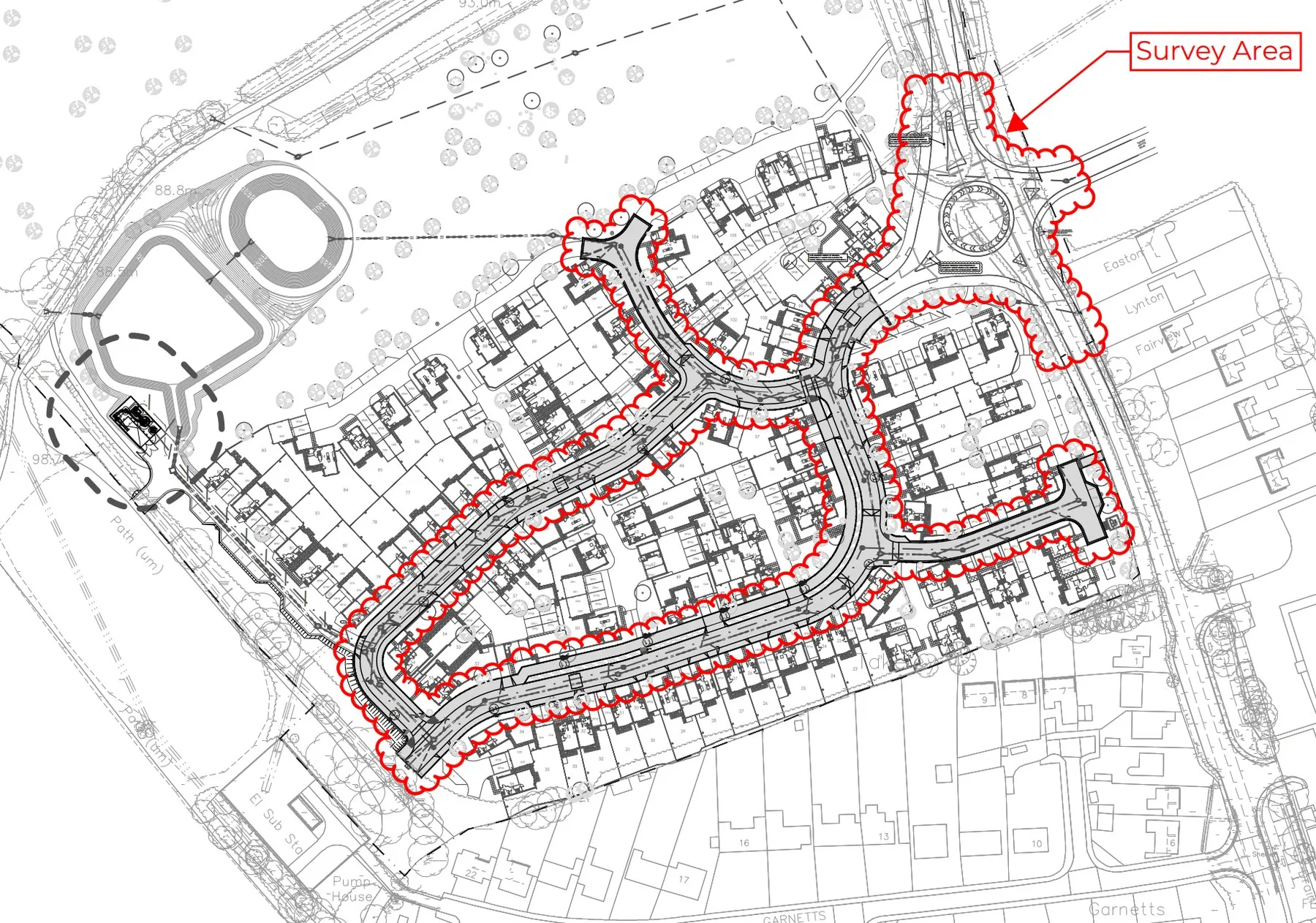 Site plan of the Parsonage Road estate with the drone survey area outlined in red