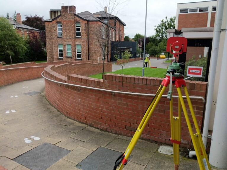 A total station being used on a land surveying job in Liverpool.